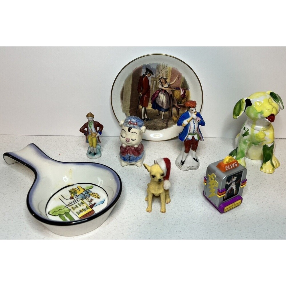 Mixed Lot Ceramics Figures, Plate, Spoon Rest, Dogs and Elvis Presley antena top